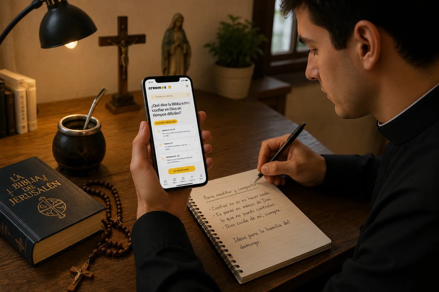 Sacerdote preparando una homilía con la Biblia y Creemos en el celular